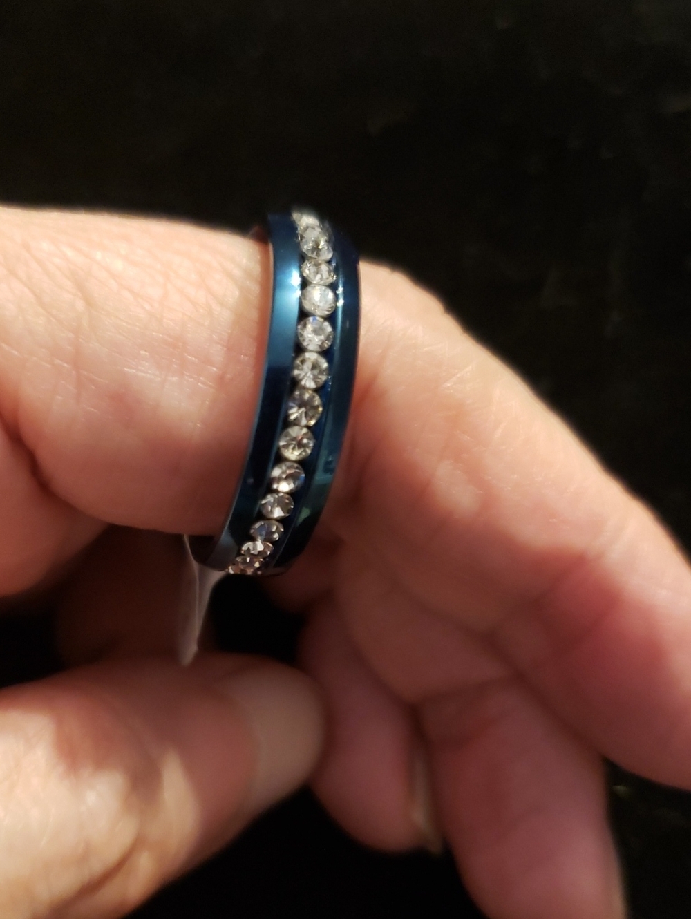 NEW-Size 13 Unisex Deep Teal Blue Polished Metal W/Channel-set Diamondy Stones.